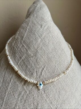 Pearl Bead Mother of Pearl Hamsa Necklace with Blue Eye Accent